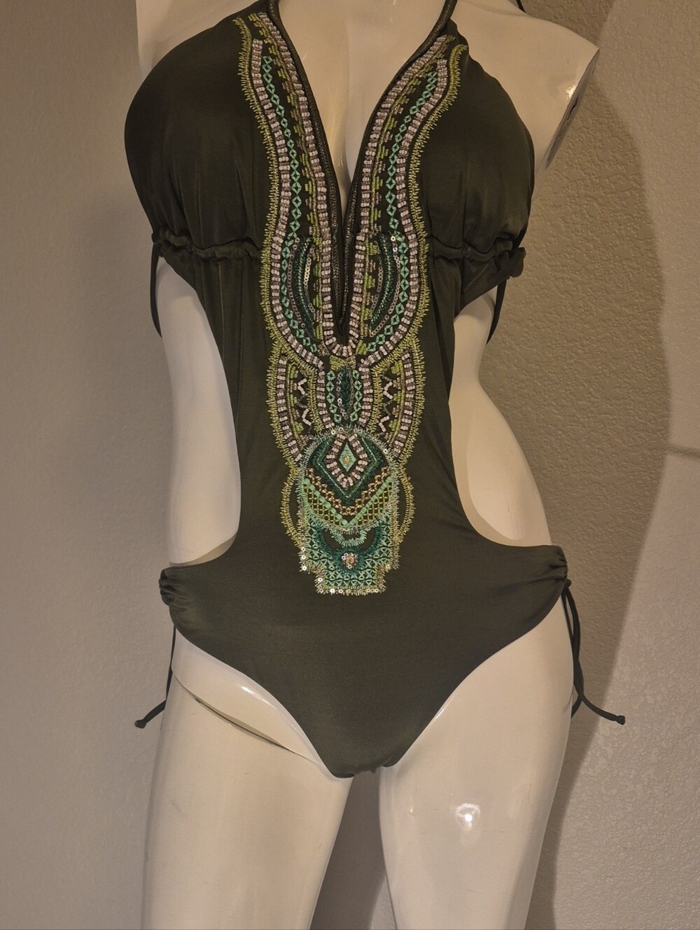 Olive Embroidered Plunge Cutout Bodysuit